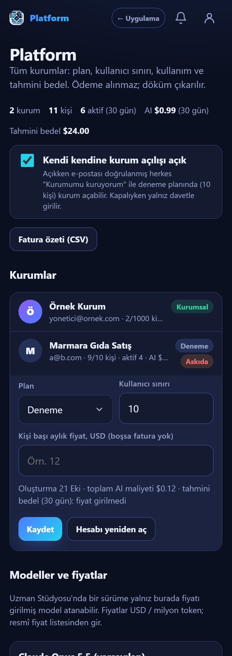 Kurum ayrıntısı: plan, sınır, fiyat, askıya alma